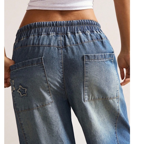 Western Star Print Patch Stretchy Waist Wide leg Denim Jean Pants - Picture 7 of 9